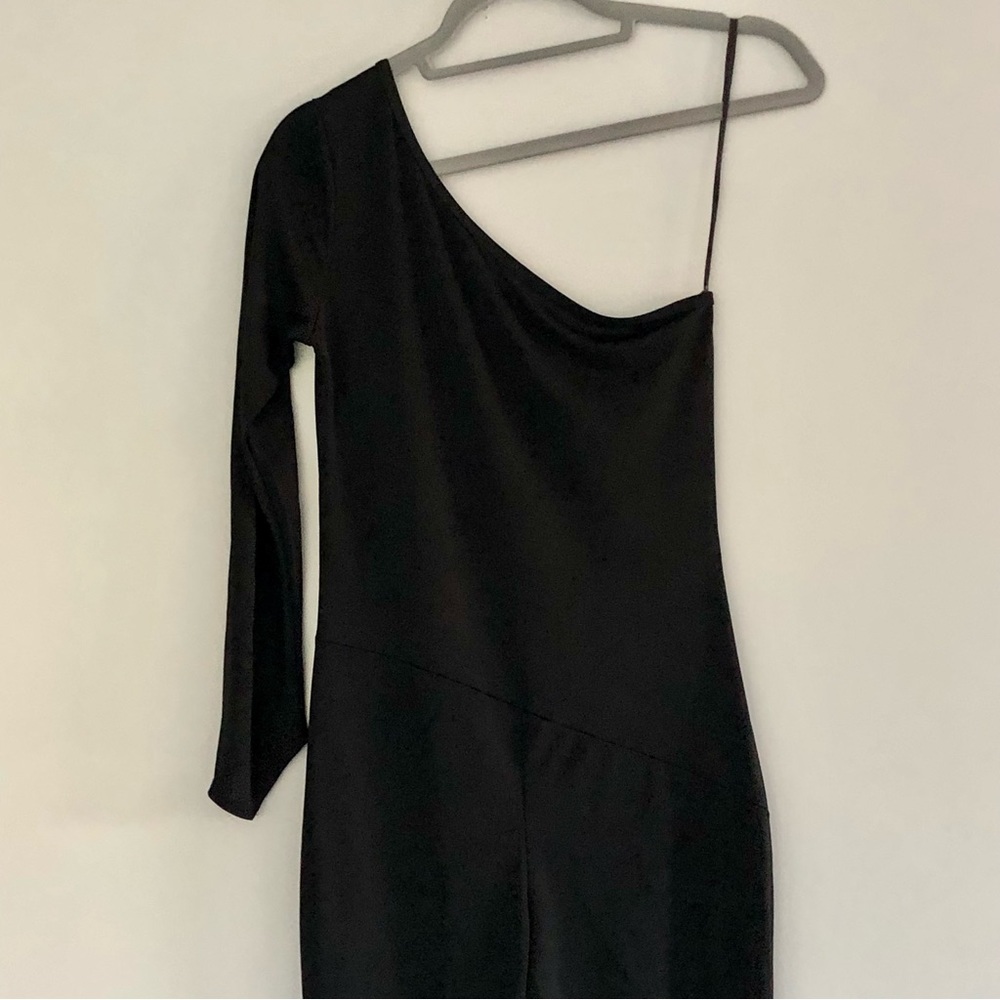 Vintage One Shoulder, Flair Leg, Black Crepe Jumpsuit. Sexy Disco Cat-woman. S - Picture 2 of 6